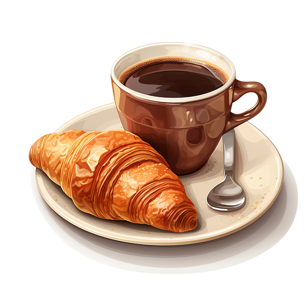 Hot cup of black coffee served a flaky butter croissant on a plate png