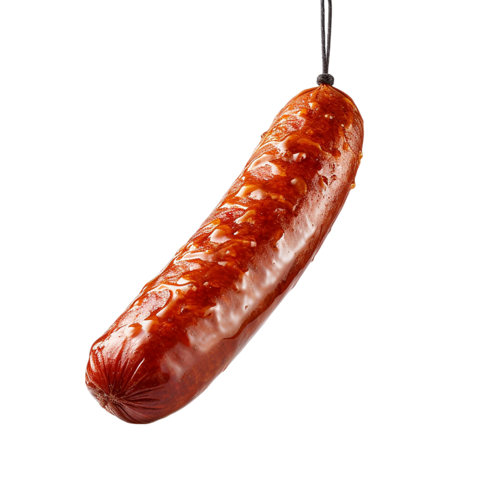 Smoked sausage hanging from a string a deep red color texture png