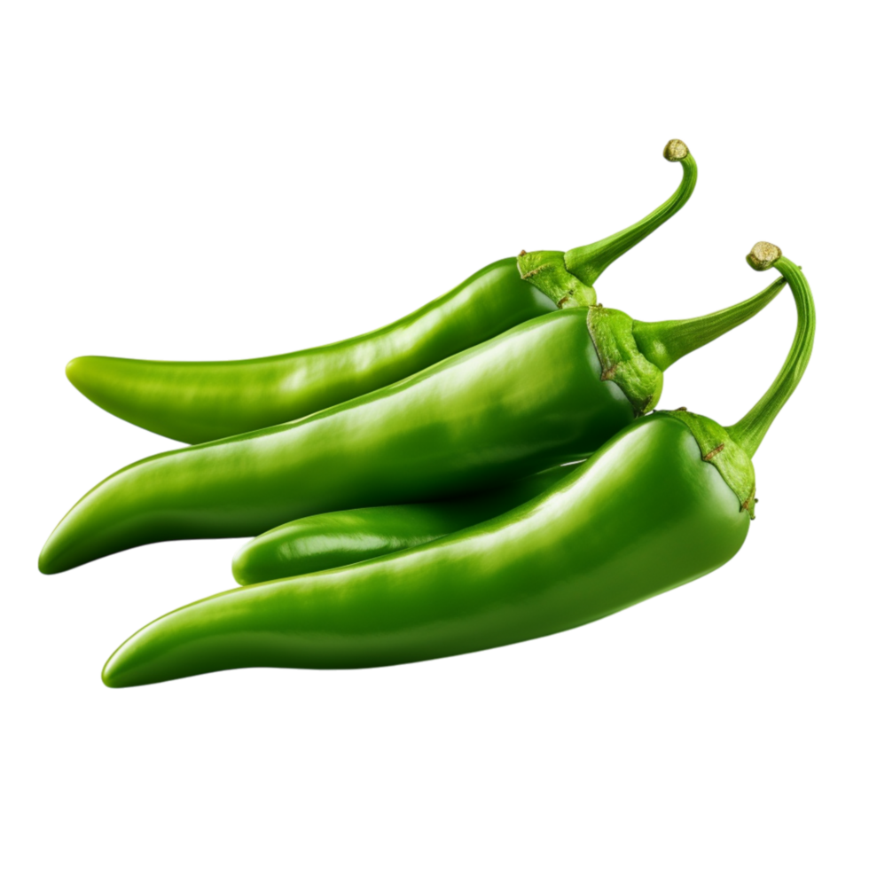 Three green chili peppers a glossy surface a slightly curved shape lying together png
