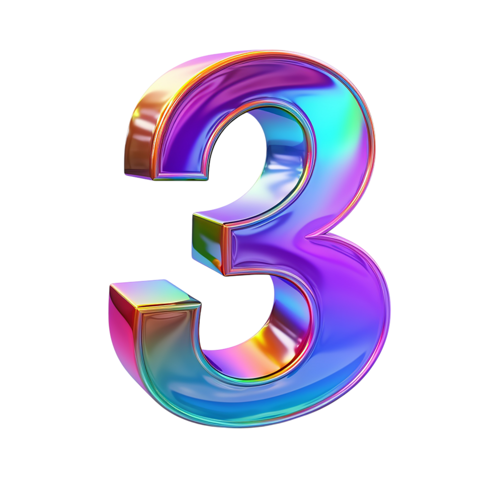Vibrant three dimensional number three a shiny metallic colorful gradient effect png