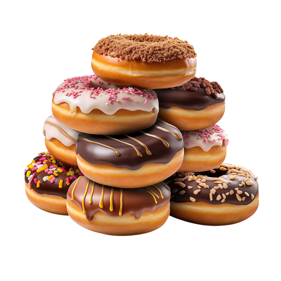 Stack of donuts covered in colorful icing sprinkles arranged in a tempting pile png