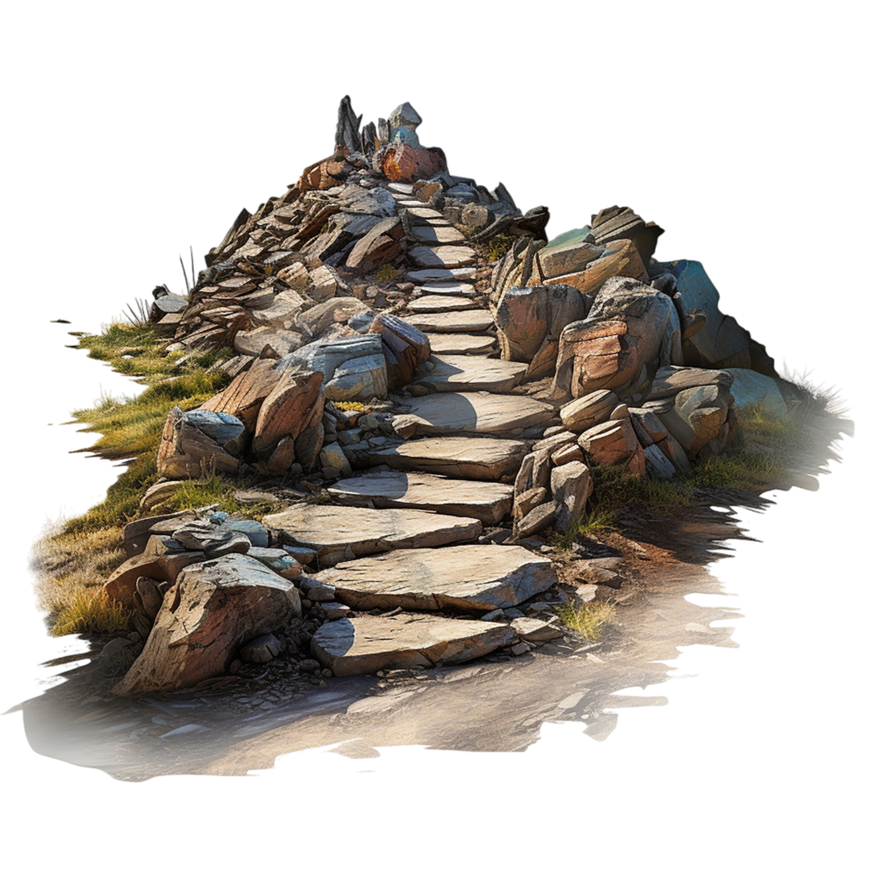 Ancient stone pathway leading up a rugged hill scattered moss grass png