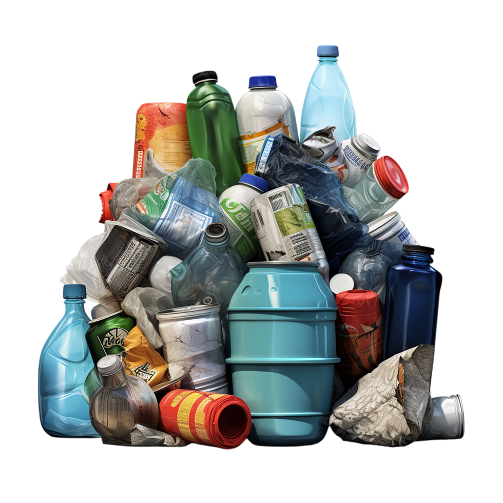 Pile of mixed plastic waste including bottles containers showing signs of pollution png
