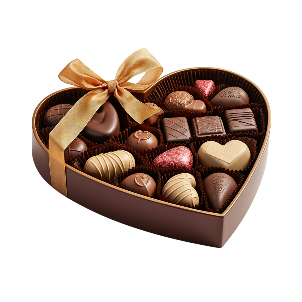 Heart shaped chocolate box filled assorted gourmet truffles pralines png