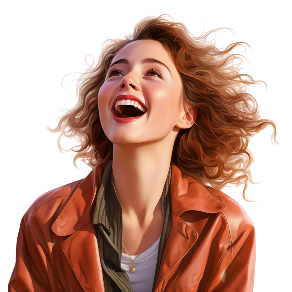 Joyful woman curly hair laughing happily while wearing a jacket png