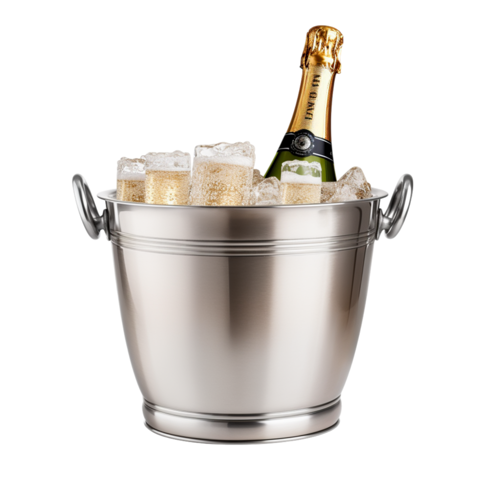 Chilled champagne bottle resting in an silver ice bucket filled ice cubes png