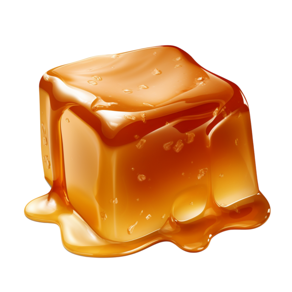 Melting caramel cube a glossy golden brown surface dripping sweet sticky syrup png