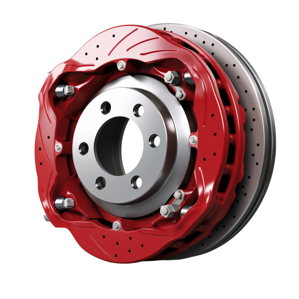 High performance red silver brake disc caliper designed for enhanced vehicle stopping power png