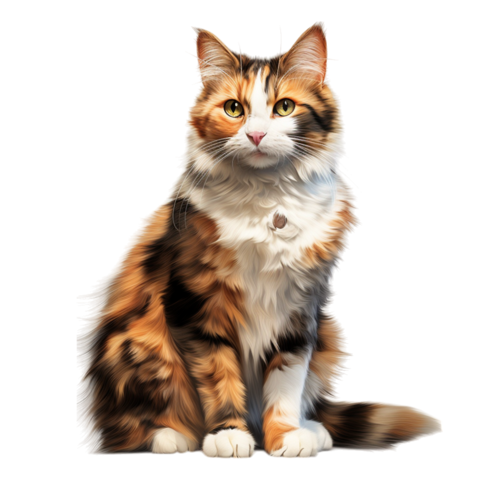 Fluffy calico cat sitting gracefully fur a bushy tail curious green eyes png