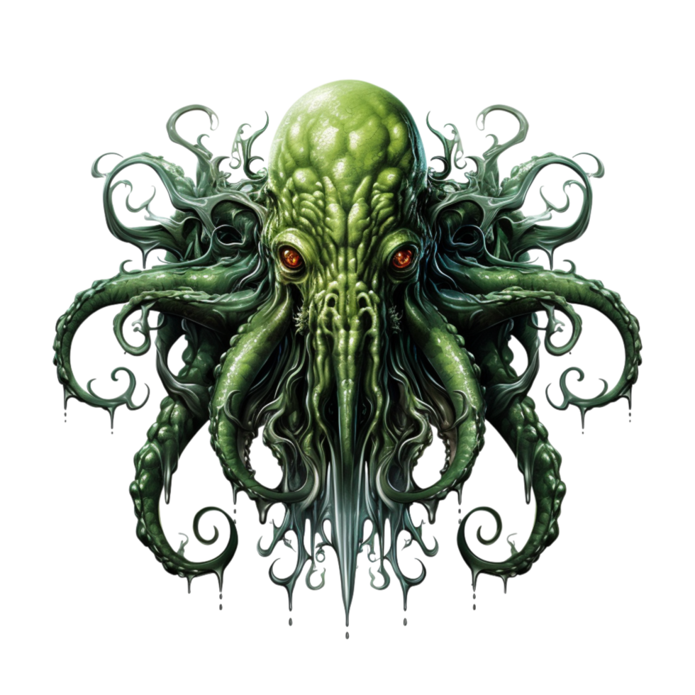 Green cosmic entity glowing red eyes twisting tentacle limbs png