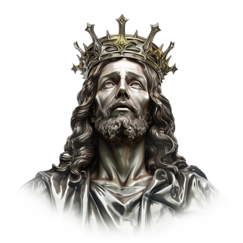 Statue of a crowned bearded man a solemn expression png