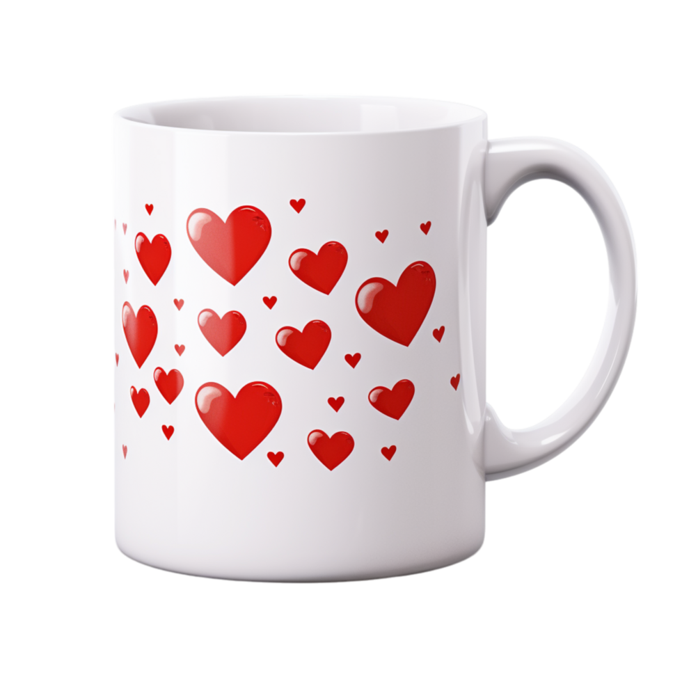 White ceramic mug covered in red hearts of various sizes png