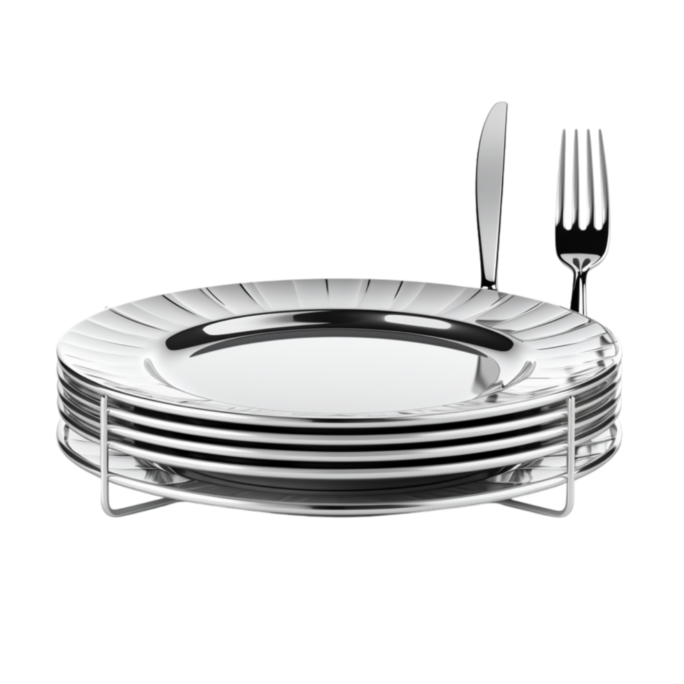 Stack of white plates a fork knife resting on top png
