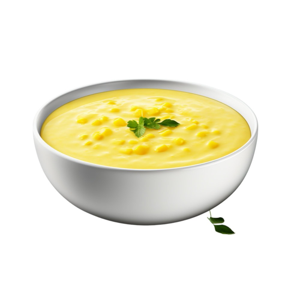 thick corn chowder garnished green herbs png