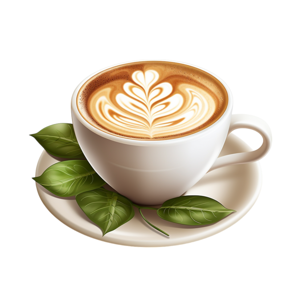 Cup of aromatic coffee latte surrounded by green leaves png