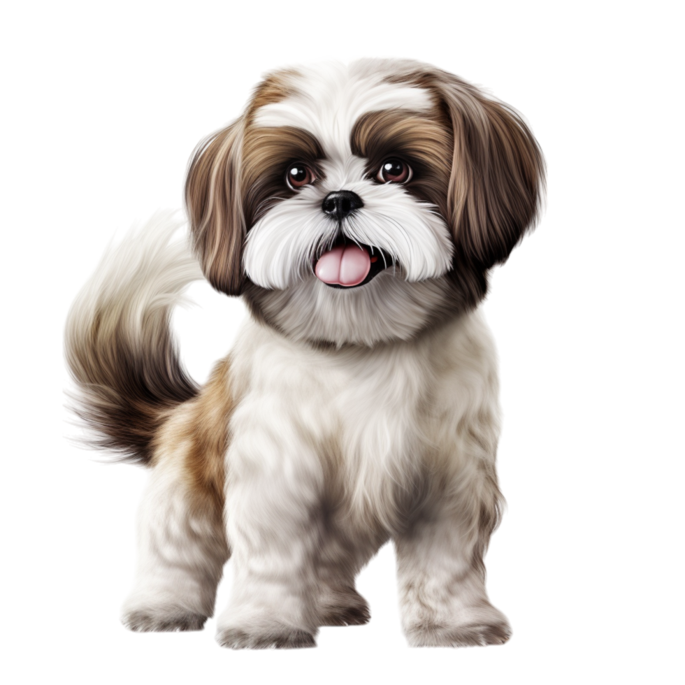 Small fluffy Shih Tzu dog sting its tongue slightly out png