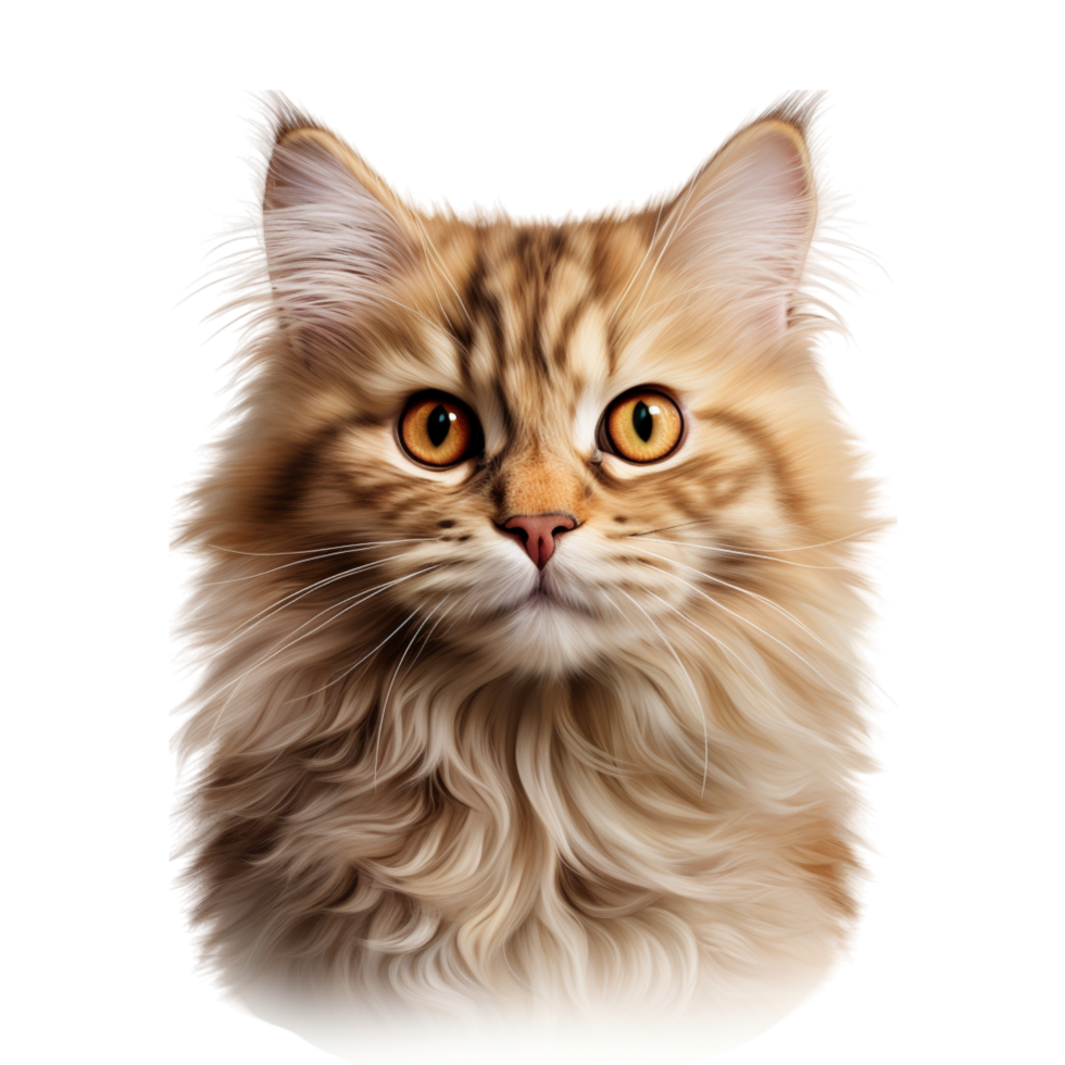 Fluffy long haired cat staring wide golden eyes png