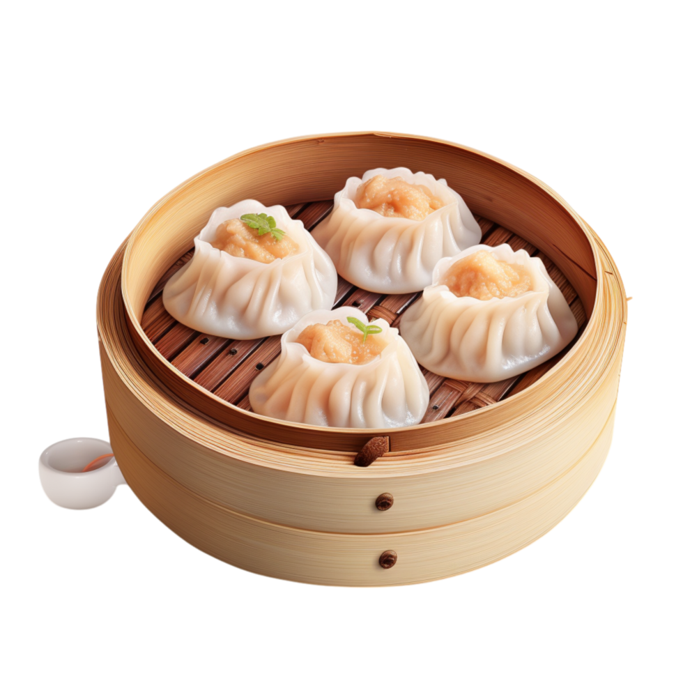Bamboo steamer filled ly made dumplings dipping sauce png