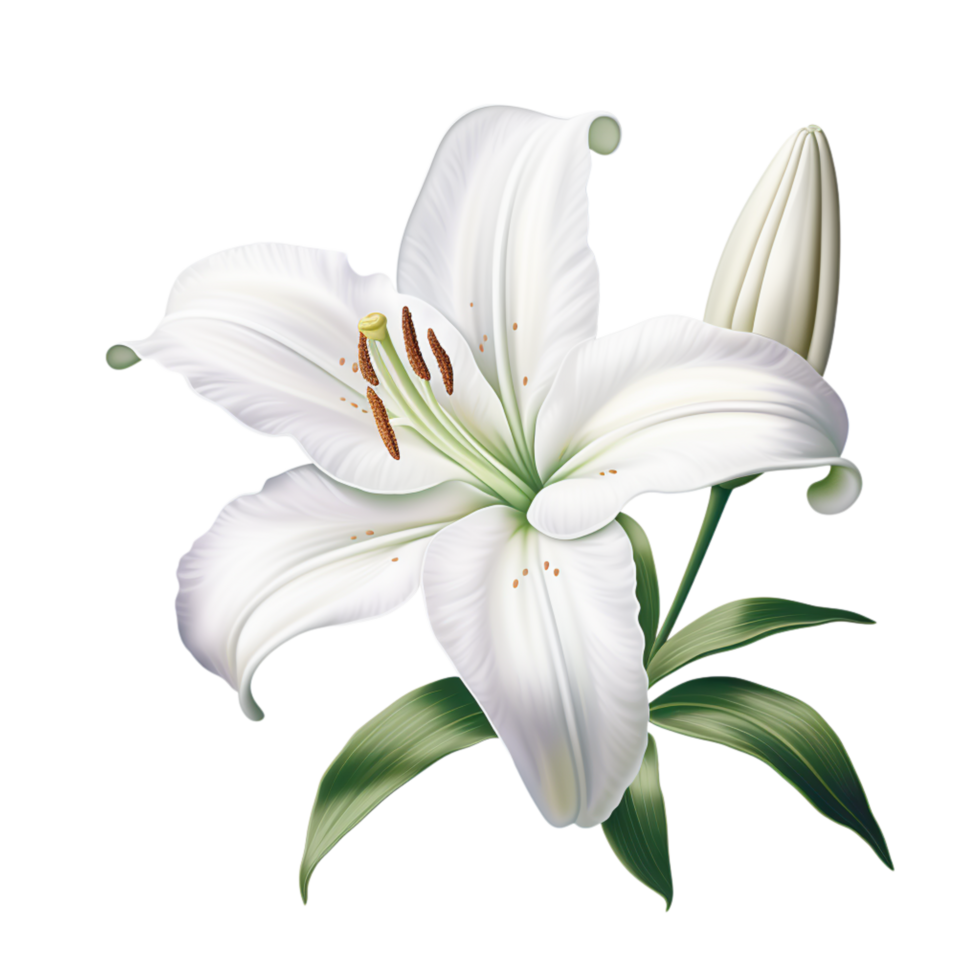 Delicate white lily open petals green leaves png