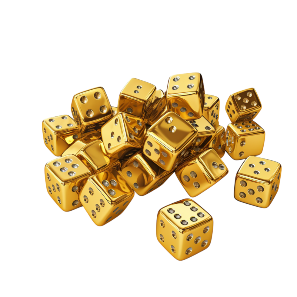 Shiny golden dice scattered on the ground black engraved numbers png