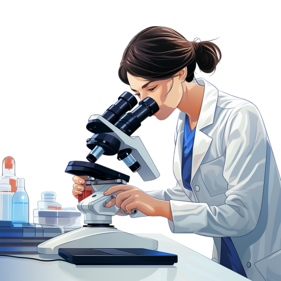Female scientist examining a specimen under a highpowered microscope png