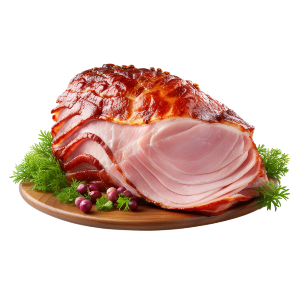 Sliced smoked ham on a wooden plate garnished herbs png