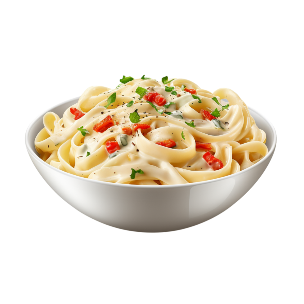 Creamy fettuccine pasta in a white bowl topped parsley peppers png