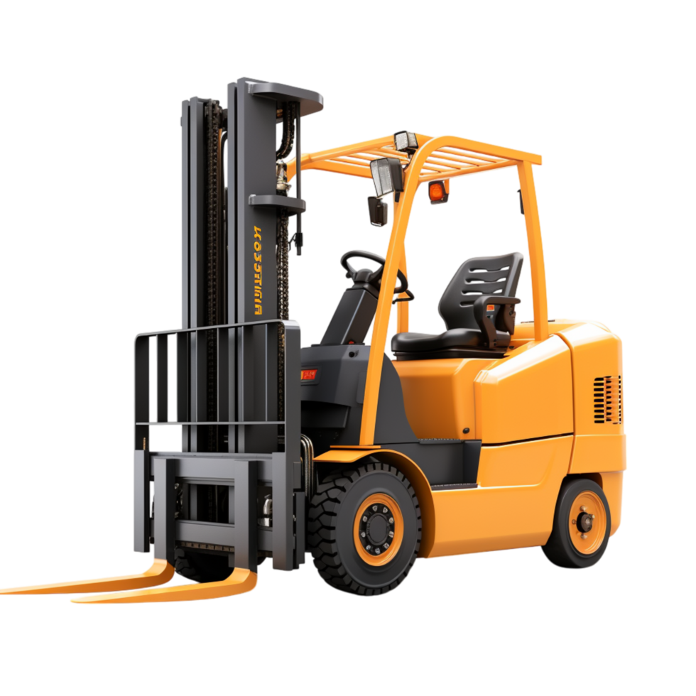 groot geel heftruck hijs- een zwaar laden haar uitgebreid vorken png