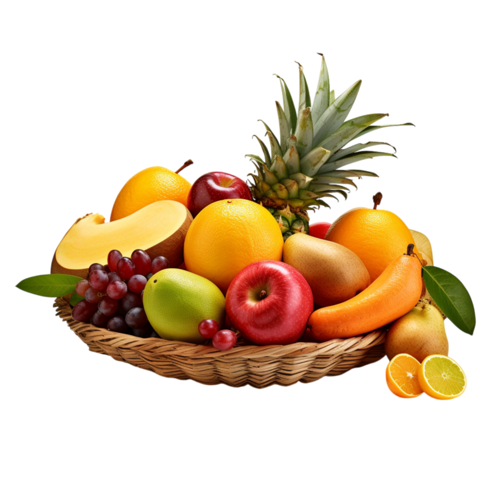 Wicker basket filled a variety of fruits png