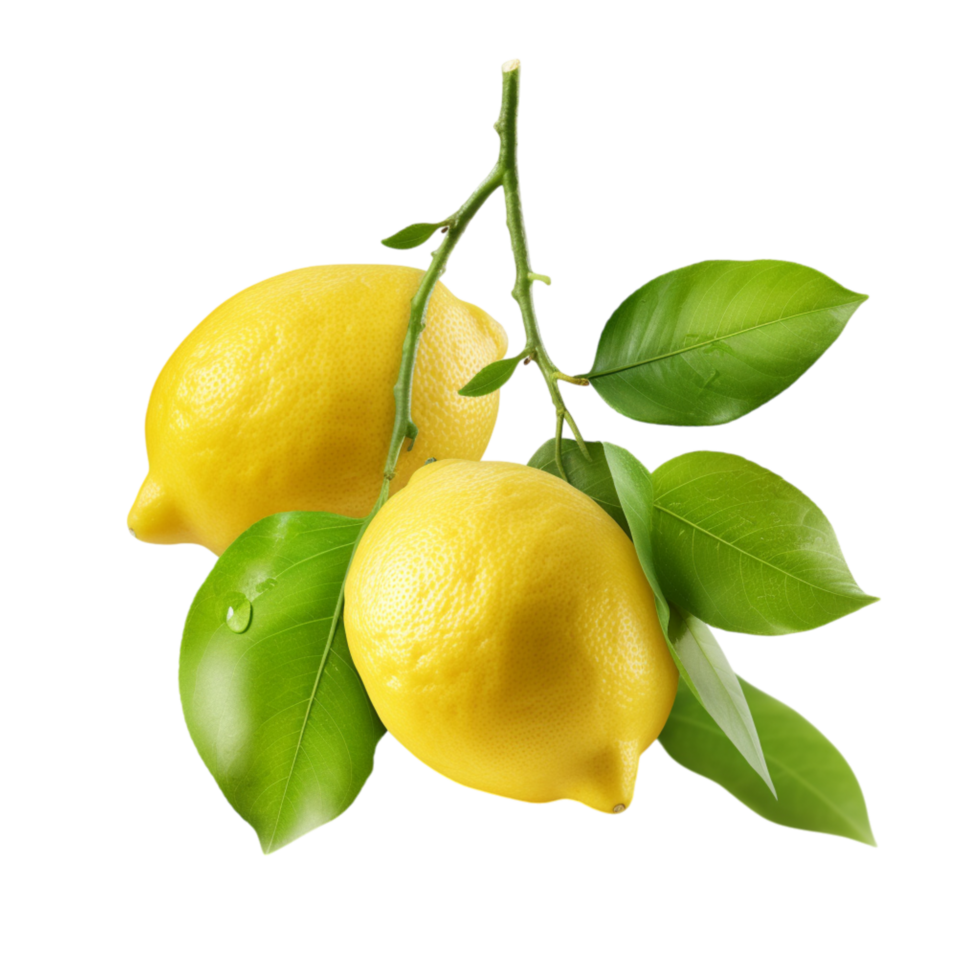 Pair of yellow lemons hanging from a branch png