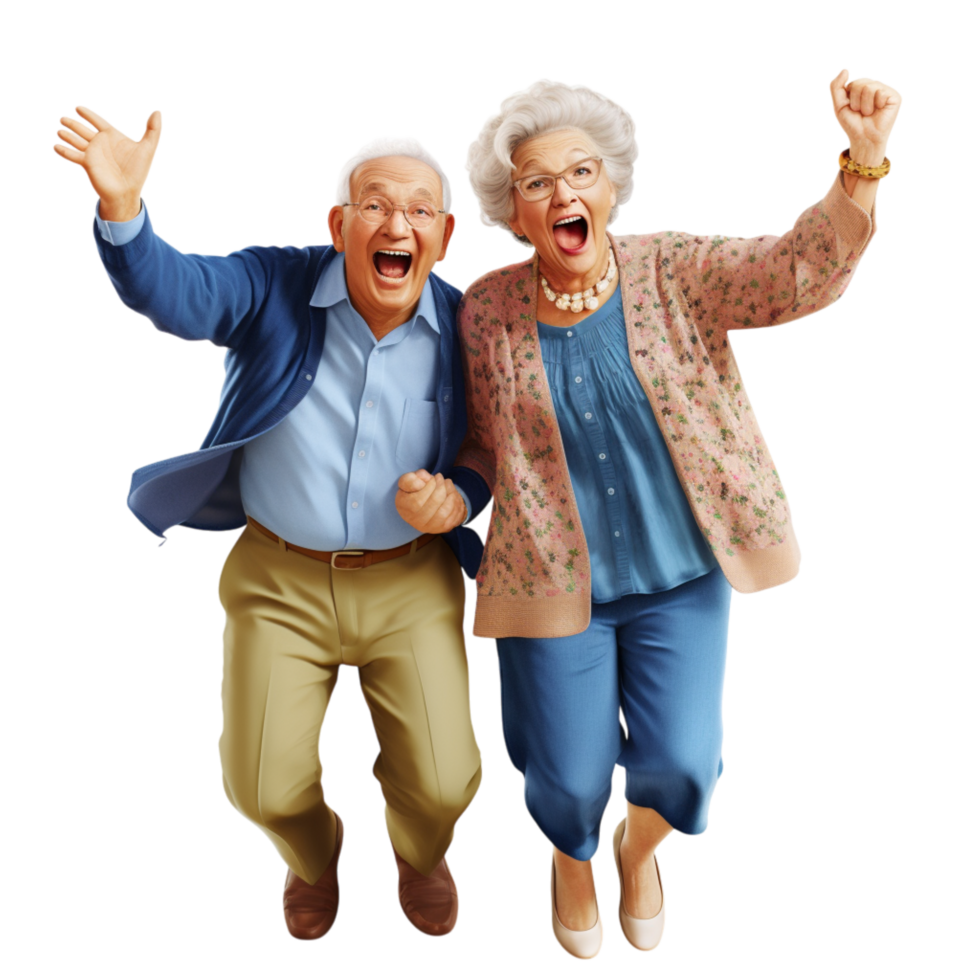 Happy elderly couple joyfully jumping excitement png