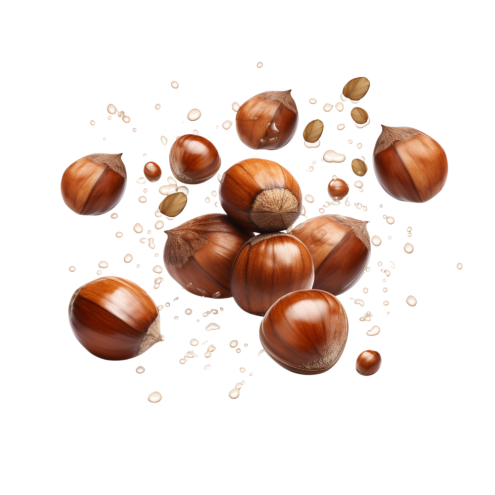 Crunchy hazelnuts bursting apart in a dynamic motion png