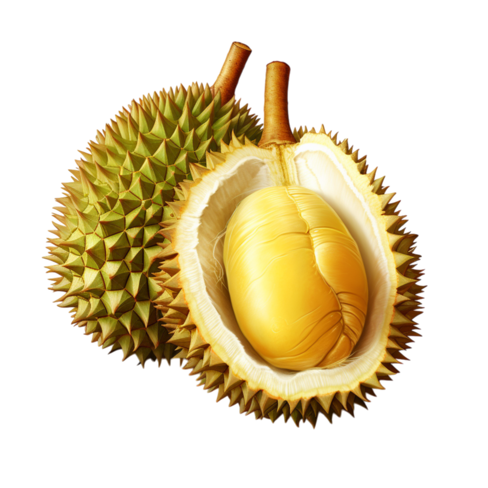 Exotic durian fruit cut open revealing its creamy flesh png