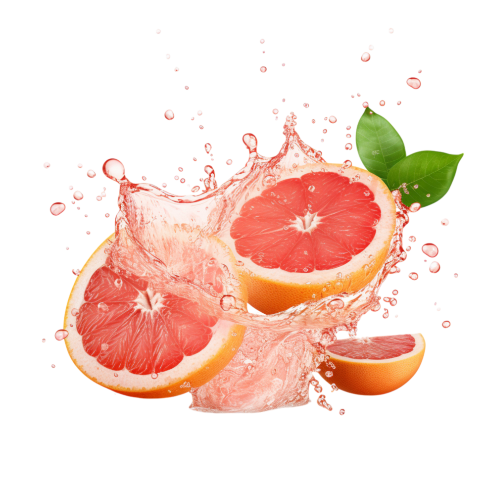 Reing pink grapefruit slices splashing into juice png