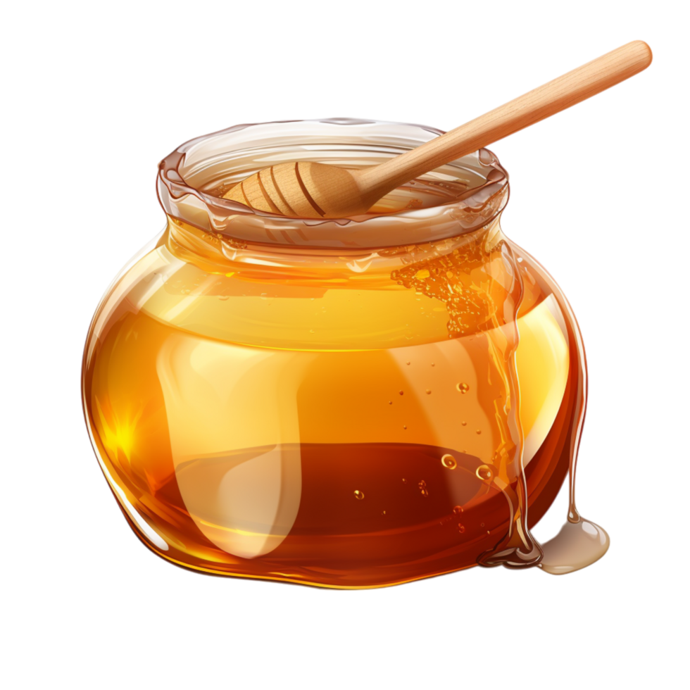 Glass jar filled golden honey a wooden dipper inside png