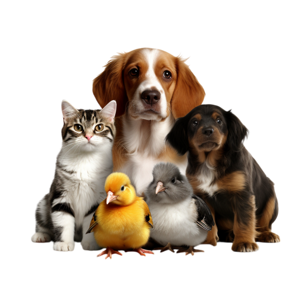 Adorable group of pets including dogs cats baby birds png