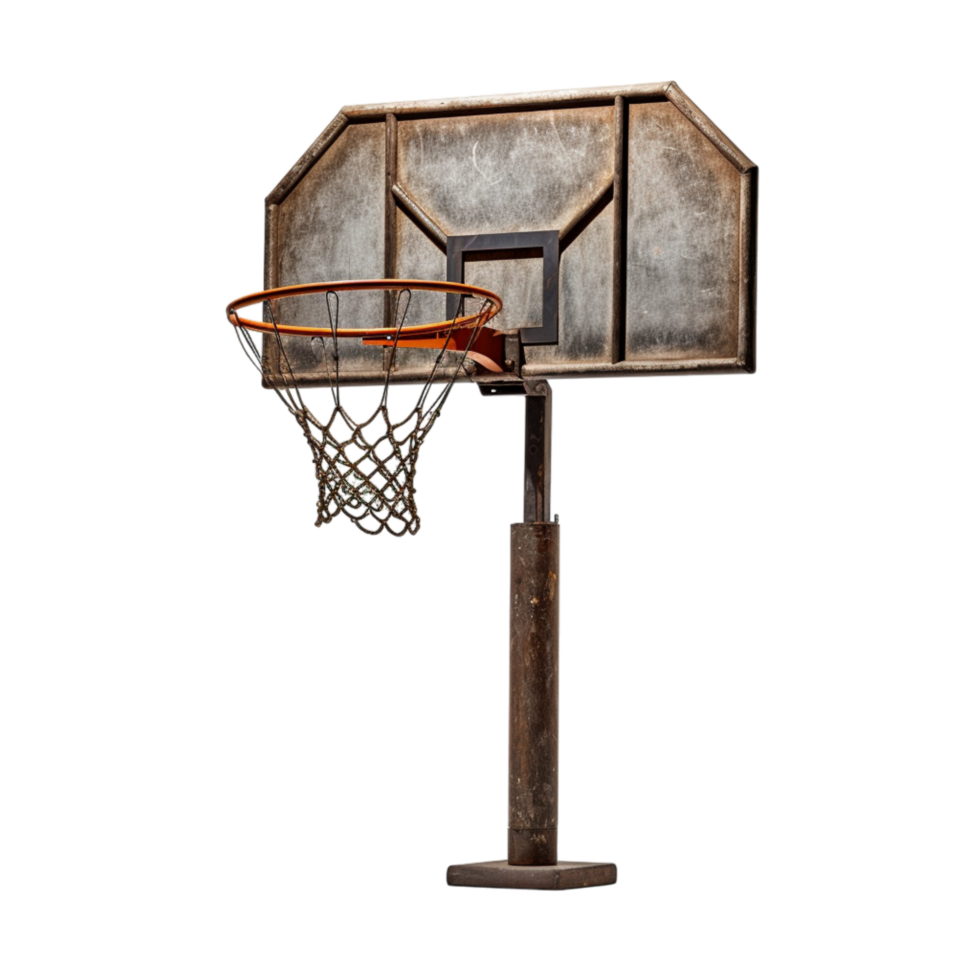 Rusty old basketball hoop a metal net attached to a worn wooden backboard png
