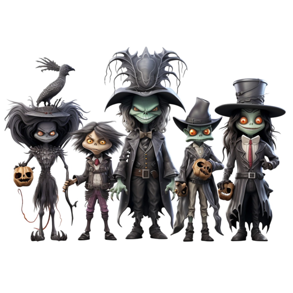 Group of mysterious gothic characters dressed in rk outfits png