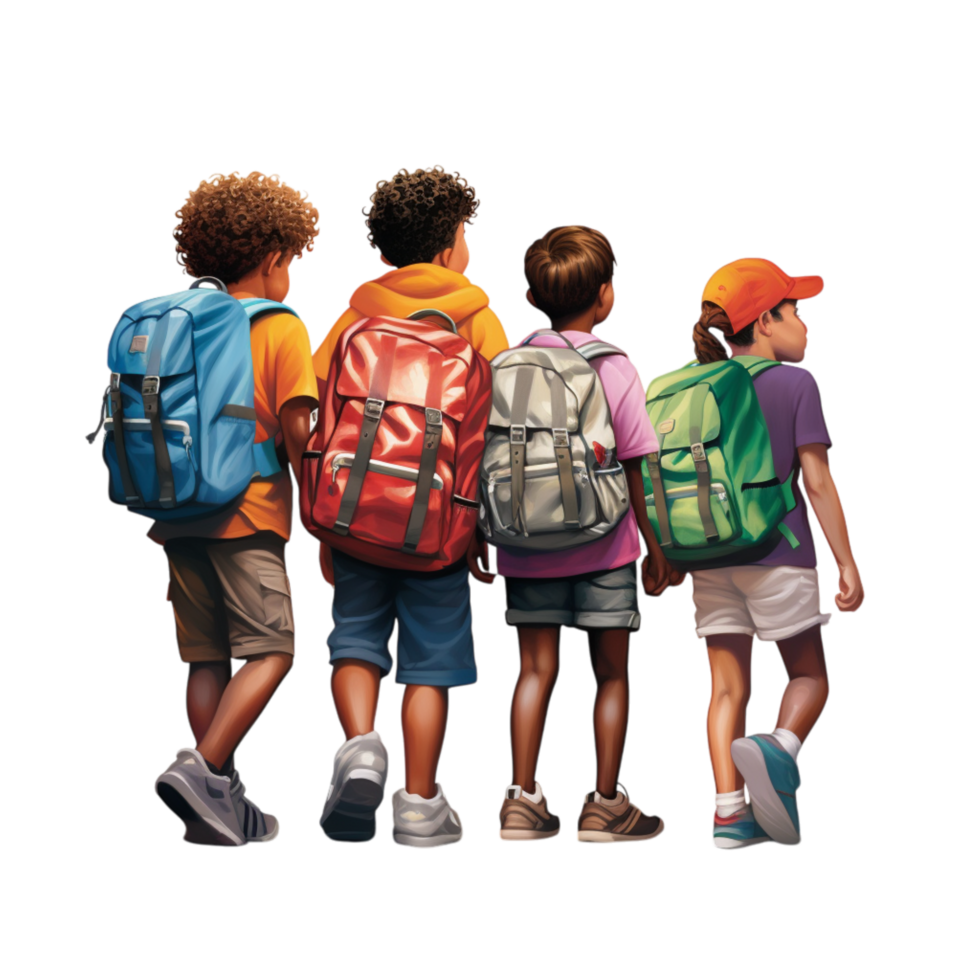 Group of children walking together colorful backpacks on their shoulders png