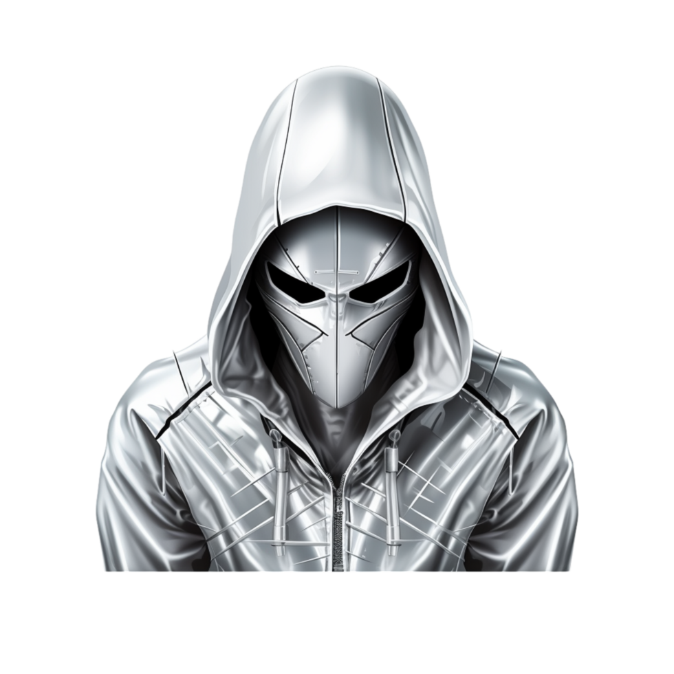 Mysterious hooded figure wearing a futuristic silver mask jacket png