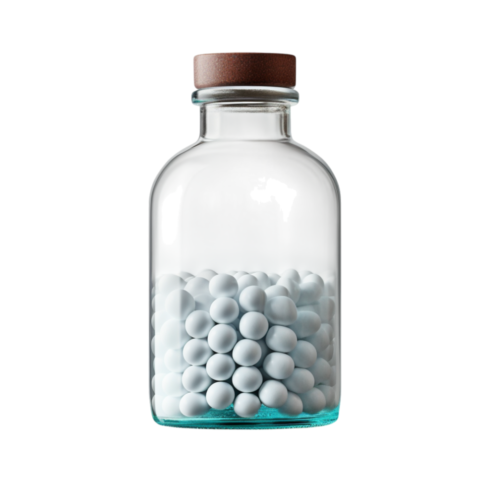 glass bottle filled small white pills png