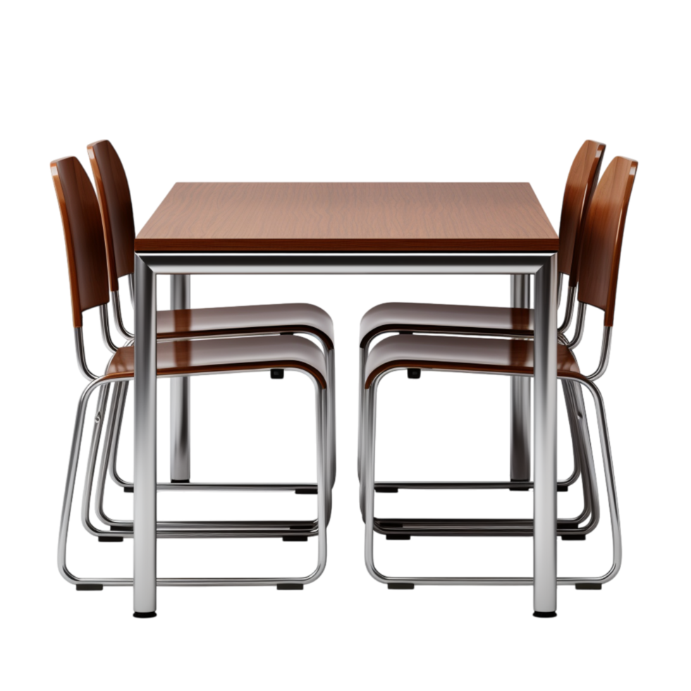 Simple wooden dining table four matching chairs neatly arranged png