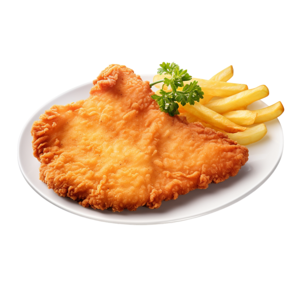 breaded schnitzel served golden fries garnish png
