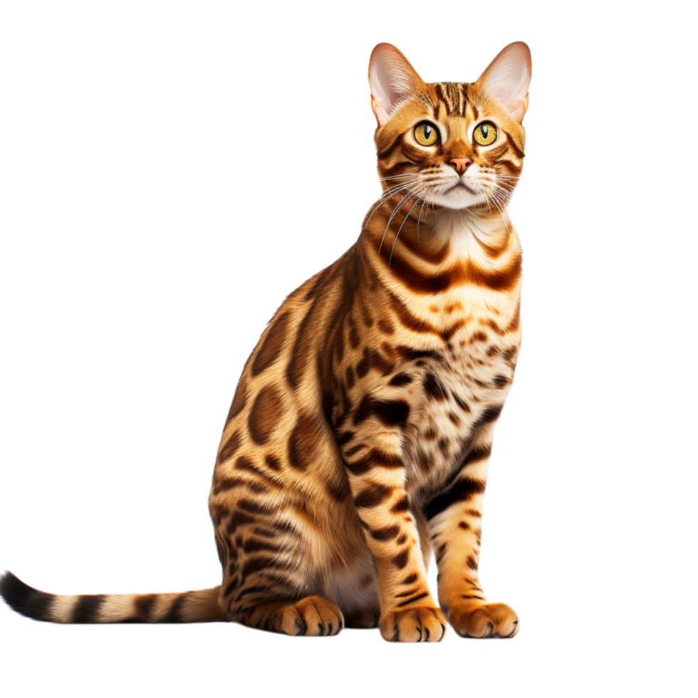 Beautiful Bengal cat sitting upright striking spotted fur png