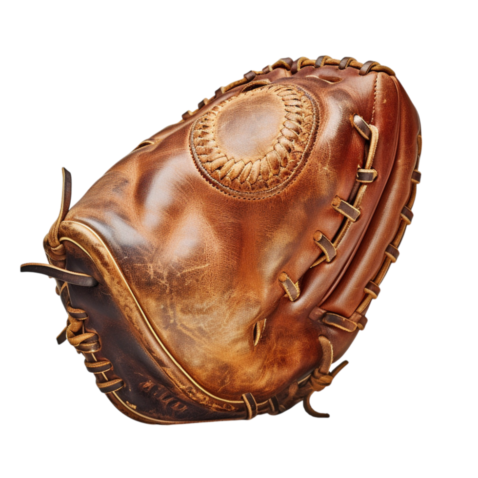 Worn brown baseball glove visible stitching png