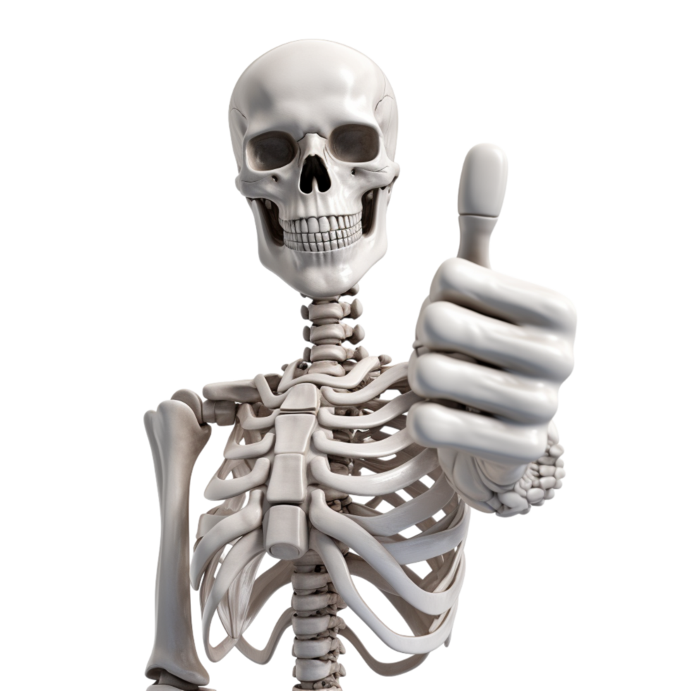 Human skeleton giving a thumbs up a toothy grin png