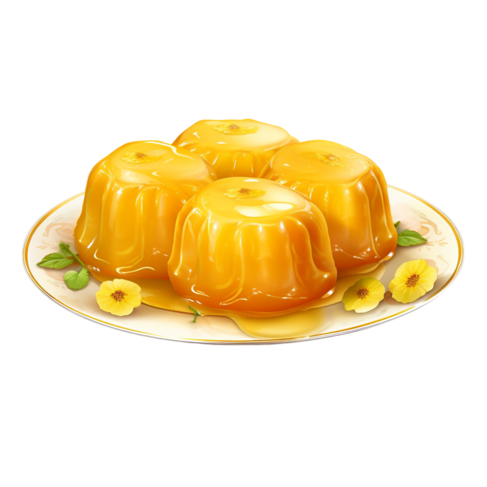 Golden caramel flan yellow flowers on a plate png