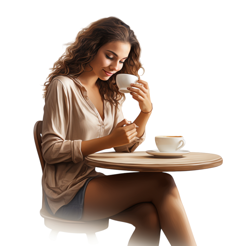 Woman sitting at a table enjoying a cup of coffee in a ed mood png