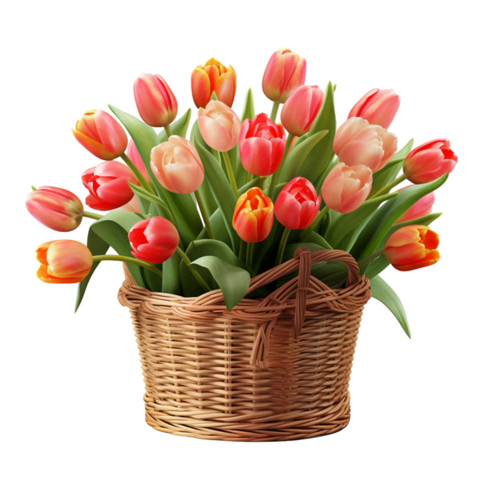 Wicker basket filled colorful tulips in full blooms png