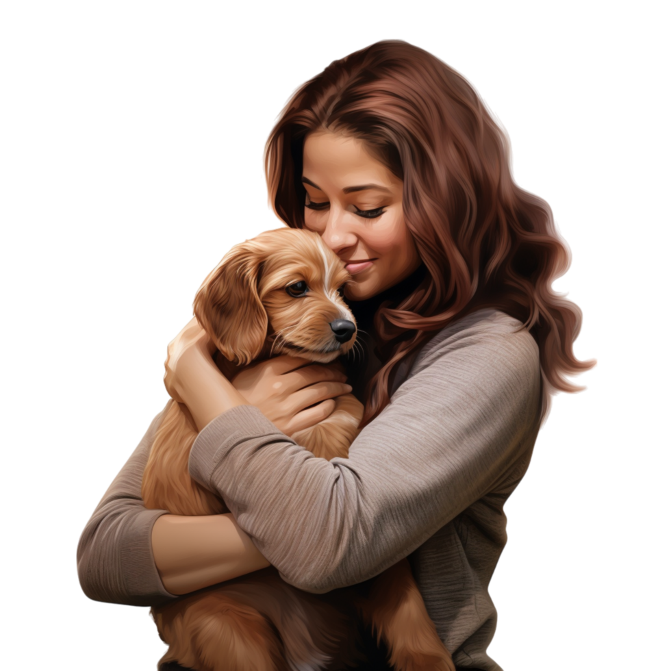 Loving woman hugging her golden retriever puppy warmth png